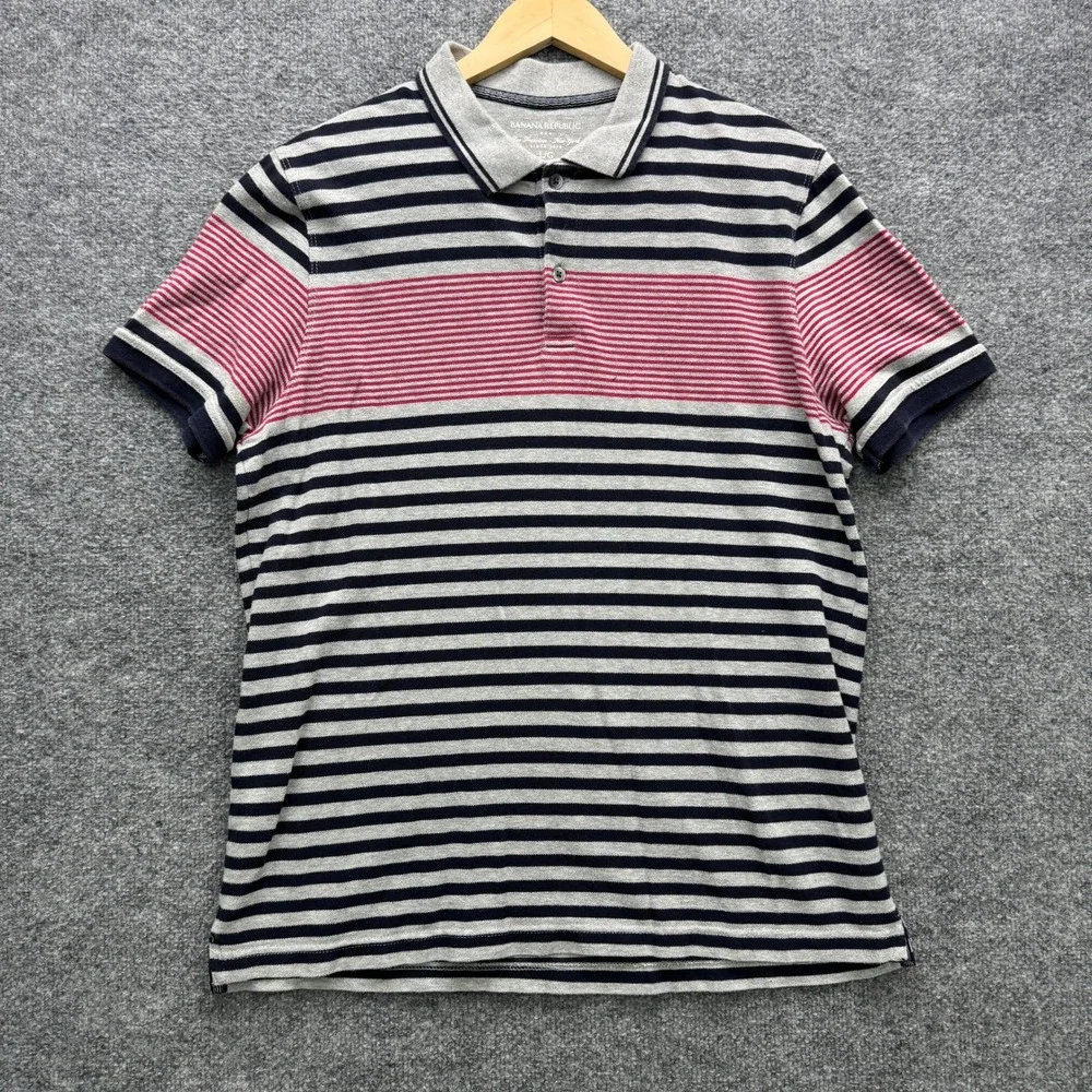 Banana Republic Polo Shirt Men's L Gray Navy Red Striped Short Sleeve Casual